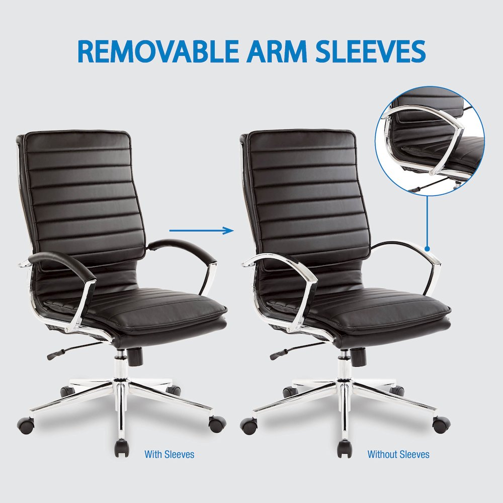 High Back Manager's Faux Leather Chair with Chrome Base, Removable Arm Sleeves. Picture 11