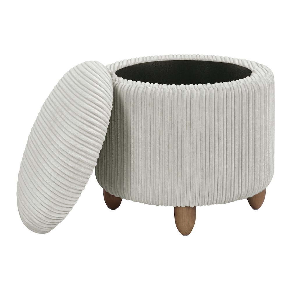 Lyra Storage Ottoman in Taupe Cord Fabric with Medium Oak Legs. Picture 2