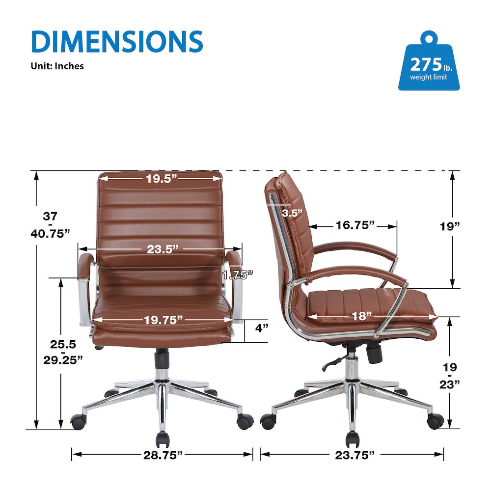 Mid-Back Manager's Chair in Saddle Faux Leather, Chrome Arms & Base. Picture 10