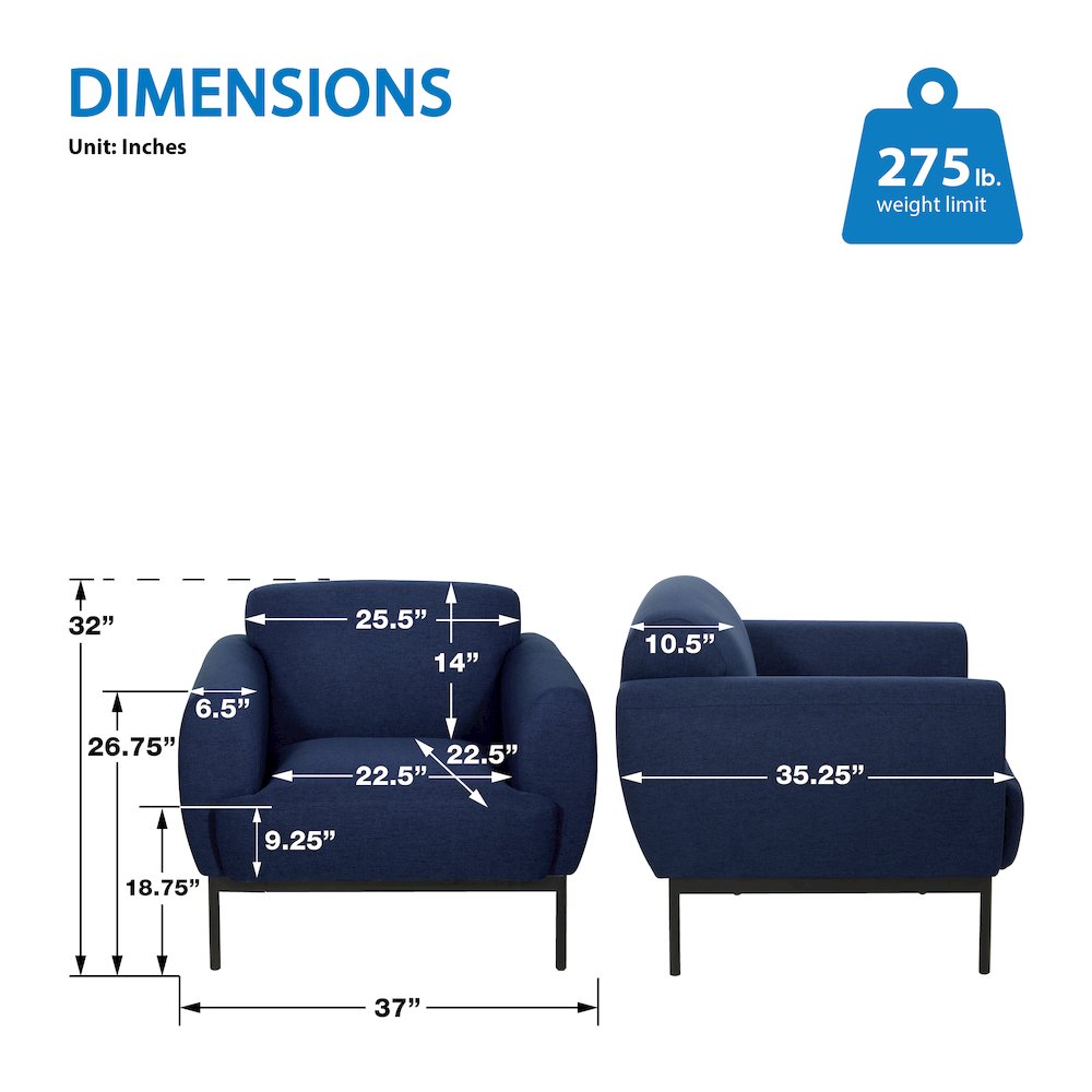Delta Armchair in Navy Fabric with Black Metal Legs. Picture 3