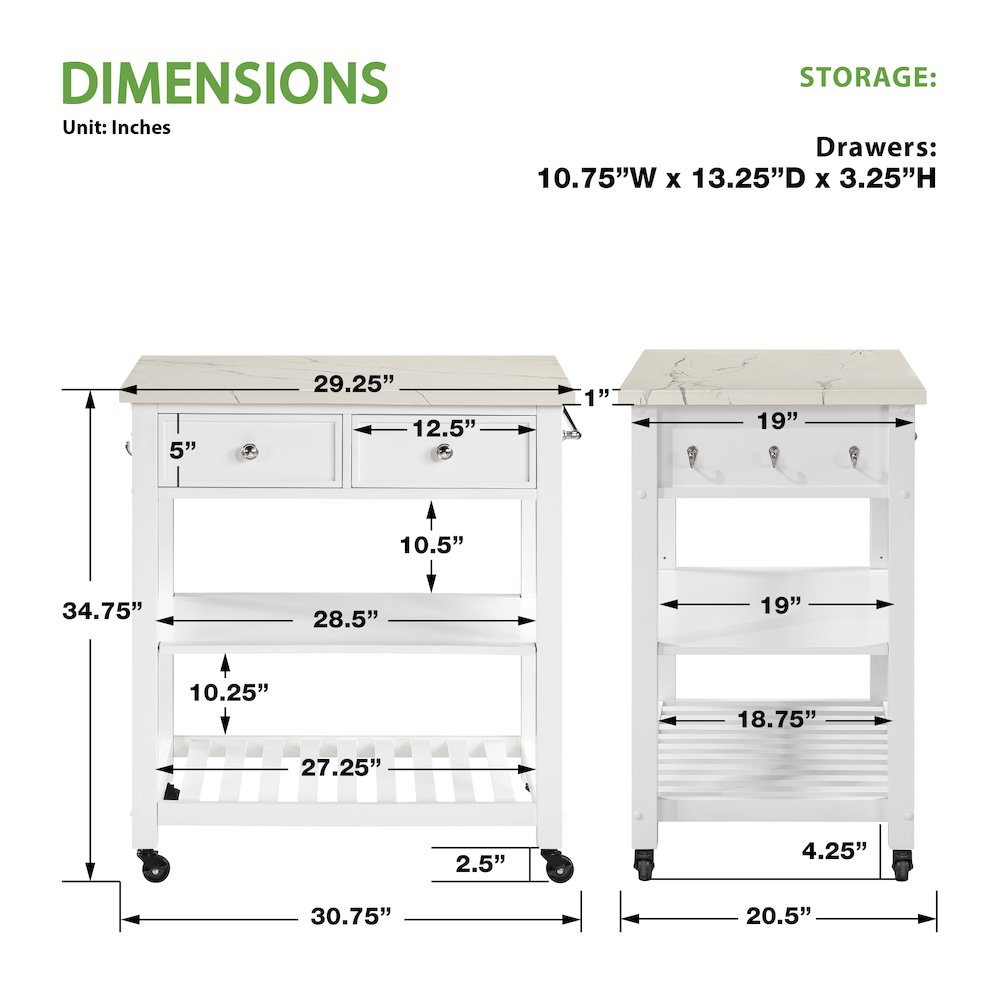Litchfield Kitchen Cart With Faux Marble Top in White Finish. Picture 8