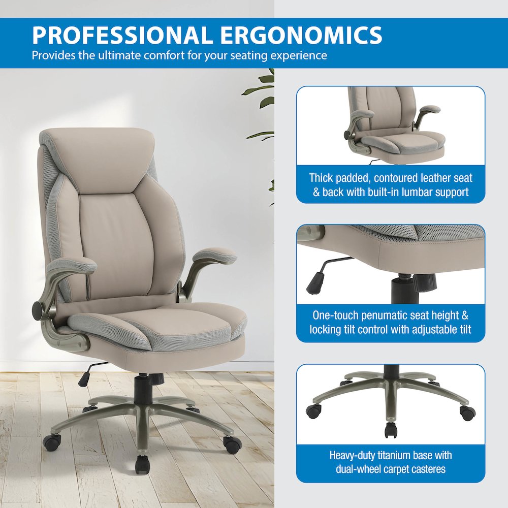 Taupe Leather Big & Tall Chair with Padded Flip Arms and Titanium Base. Picture 11