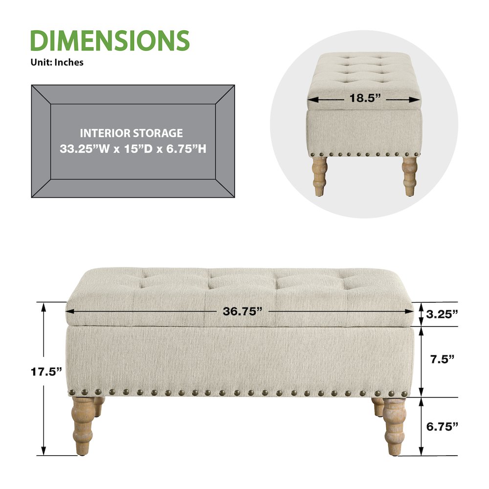 Woodbury Storage Bench in Linen with Antique Bronze Nail Heads with Brushed Legs. Picture 3