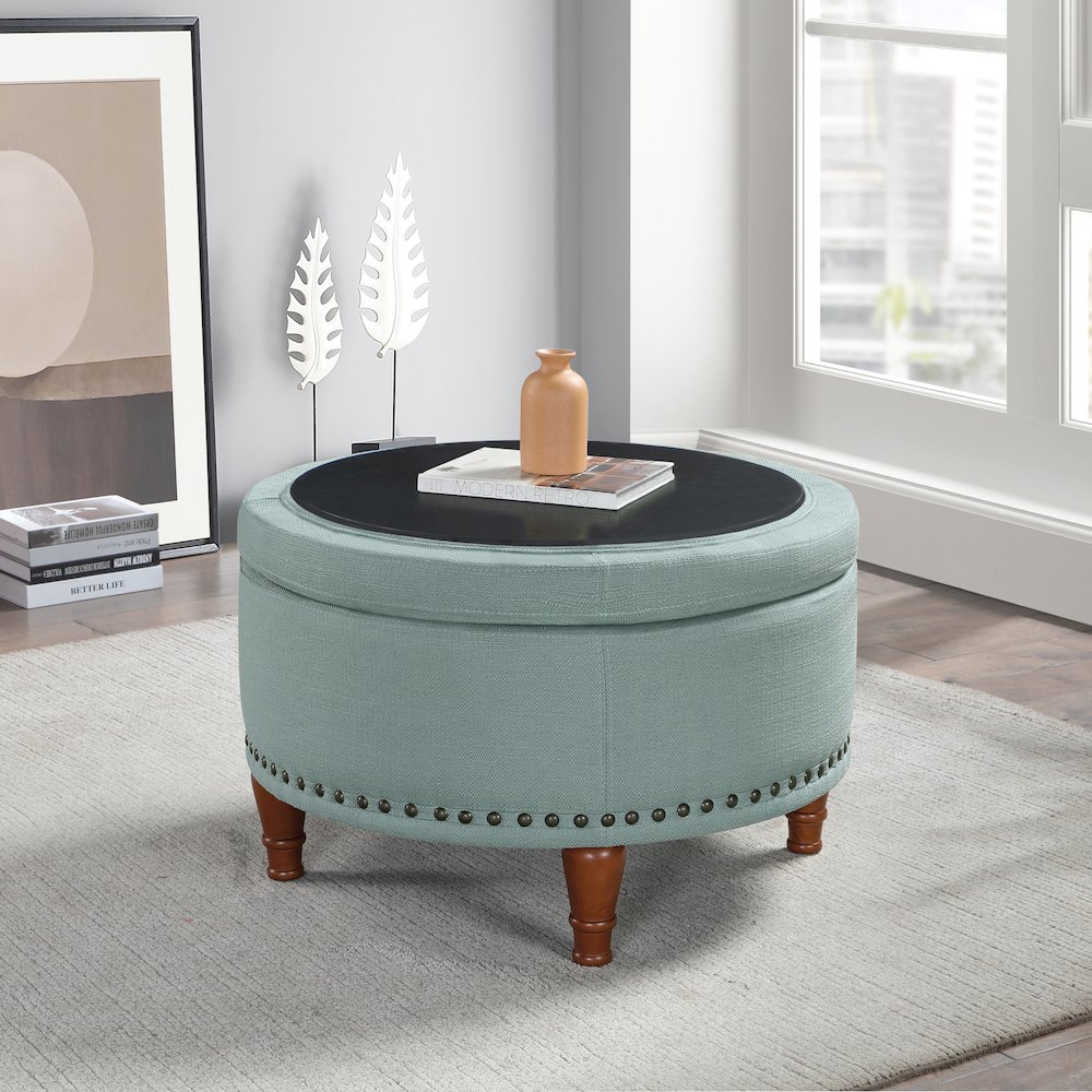 Alloway Storage Ottoman in Sea Blue Fabric with Antique Bronze Nailheads. Picture 4