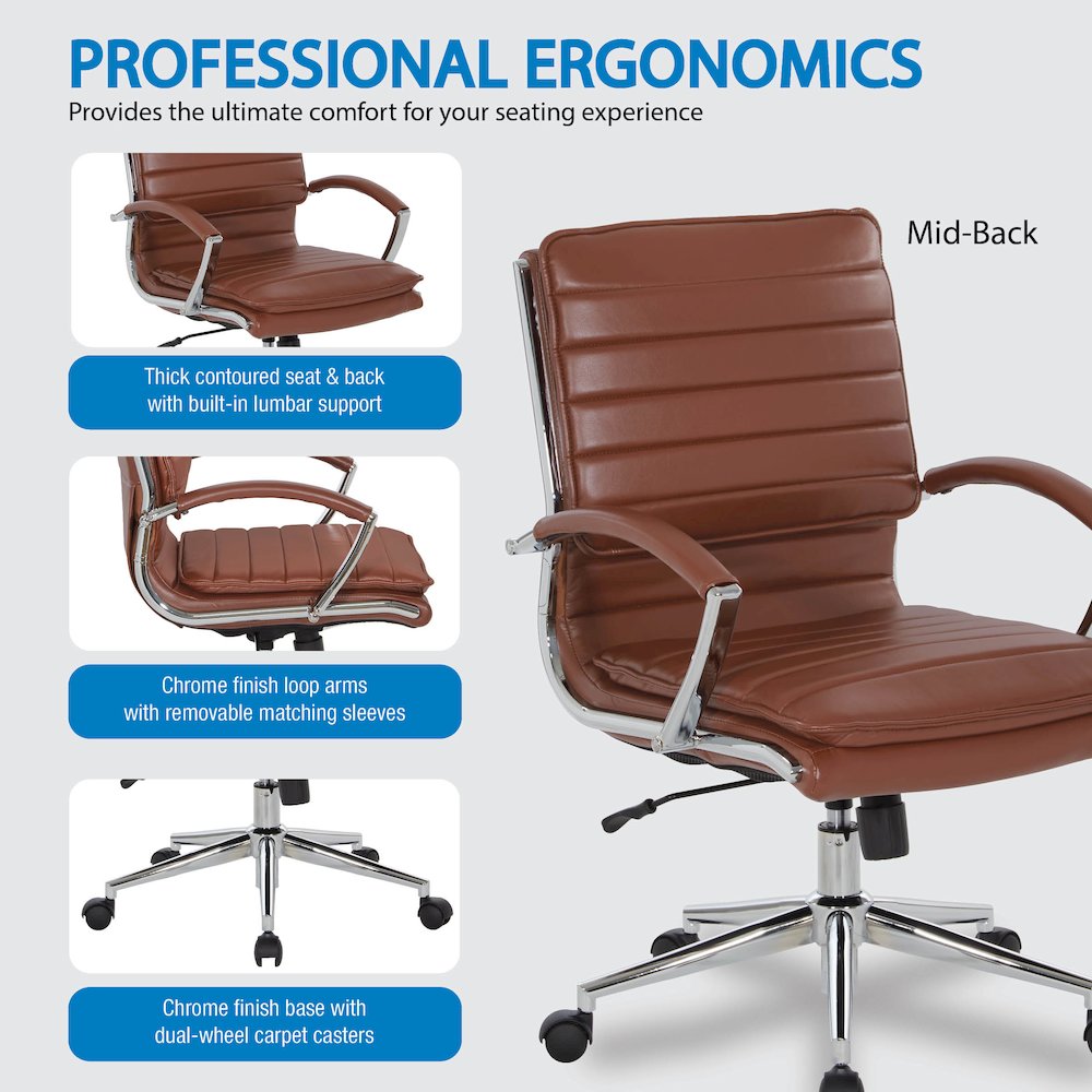 Mid-Back Manager's Chair in Saddle Faux Leather, Chrome Arms & Base. Picture 8