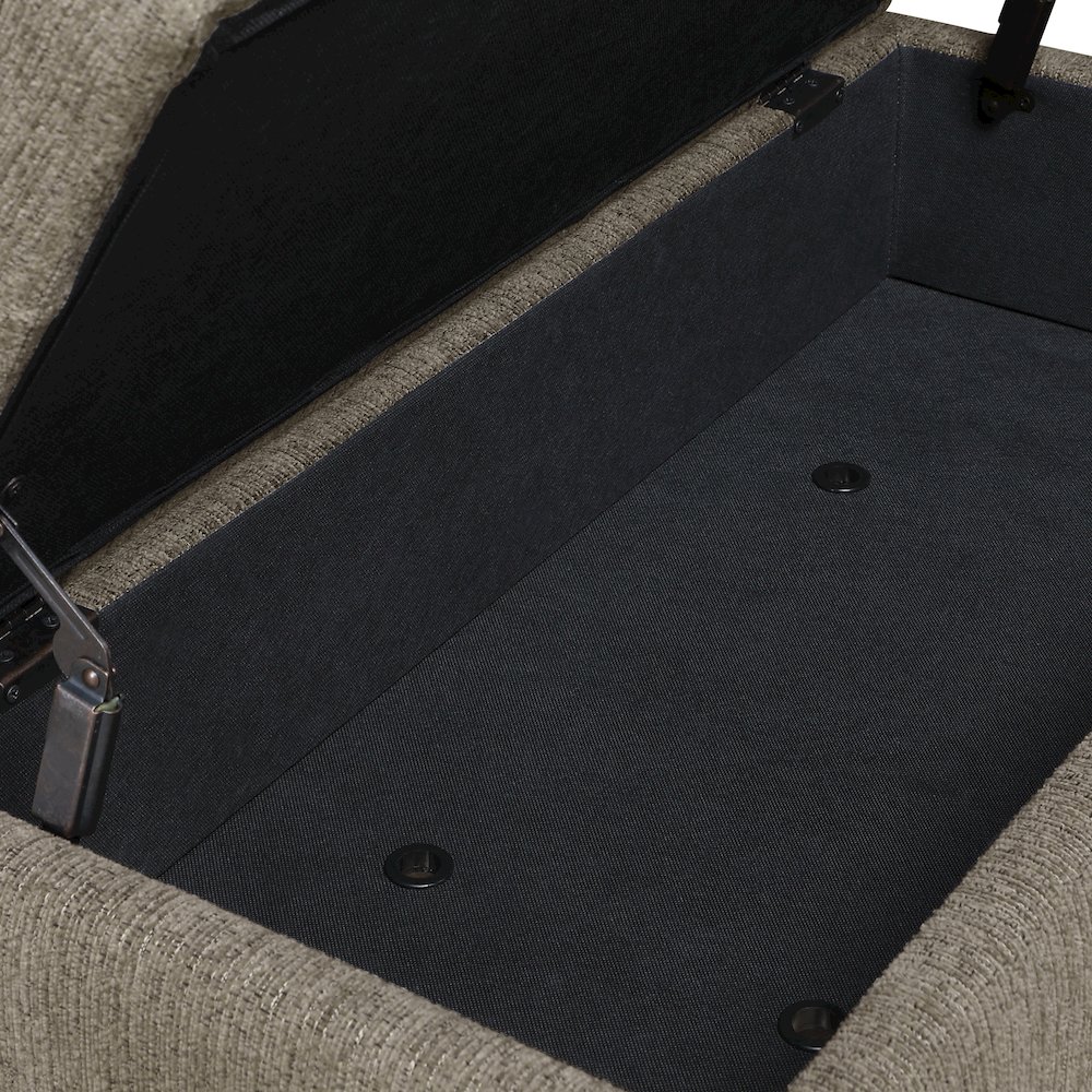 Woodbury Storage Bench In Taupe With Antique Bronze Nail Heads With Brushed Legs. Picture 10