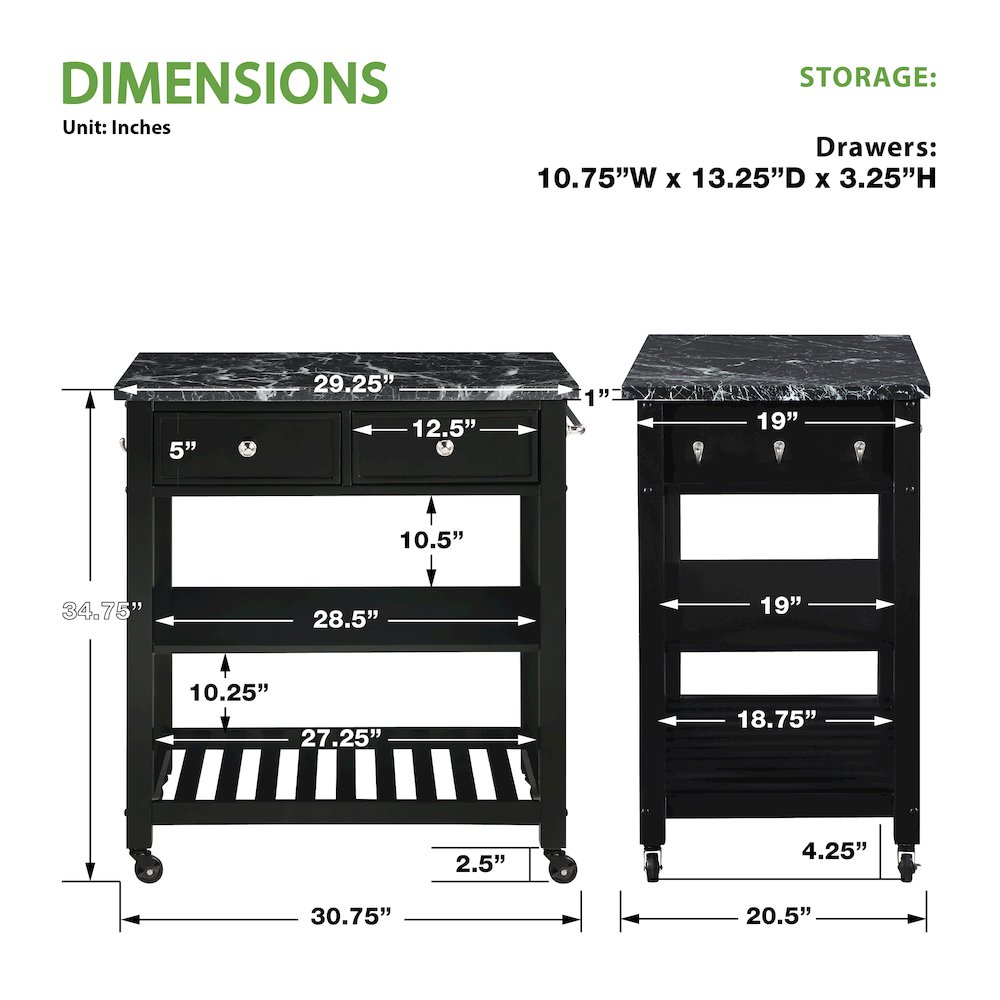 Litchfield Kitchen Cart With Faux Marble Top in Black Finish. Picture 8