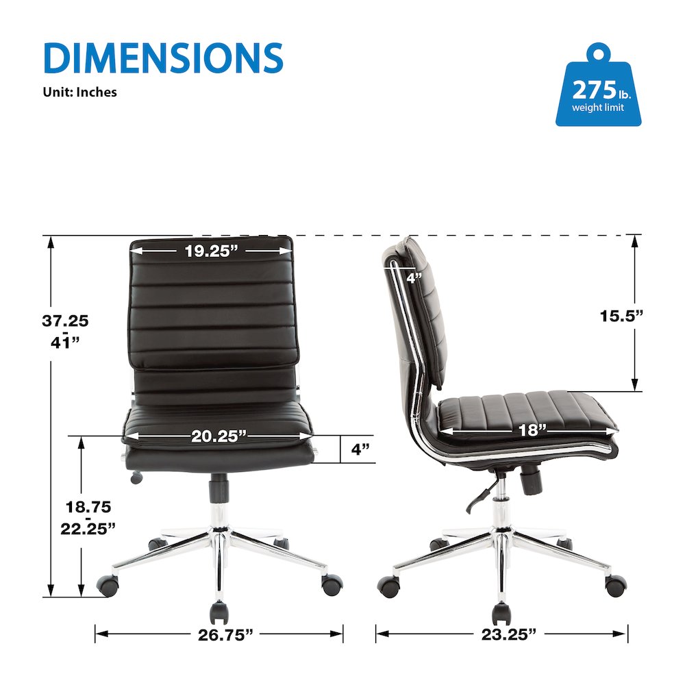 Armless Mid Back Manager's Faux Leather Chair in Black with Chrome Base.. Picture 7