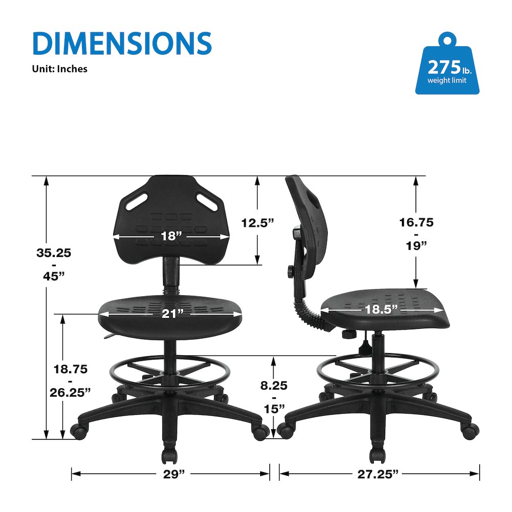 Black Skinned Urethane Intermediate Drafting Chair Adjustable Black Footrest. Picture 2