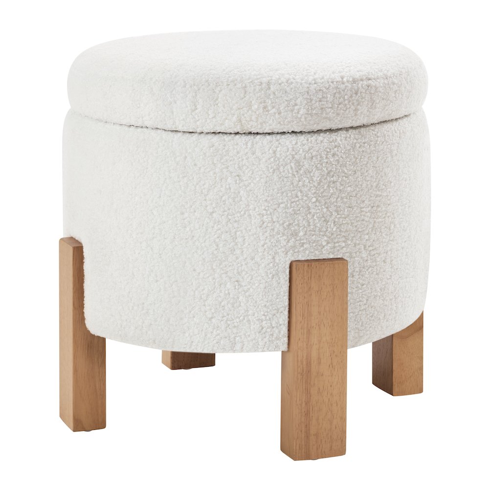 Annie Storage Ottoman in Ivory Sherpa Fabric with Natural Finish Legs. Picture 1