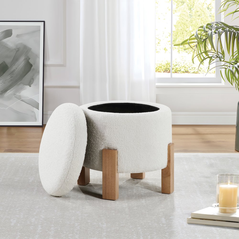 Annie Storage Ottoman in Ivory Sherpa Fabric with Natural Finish Legs. Picture 5