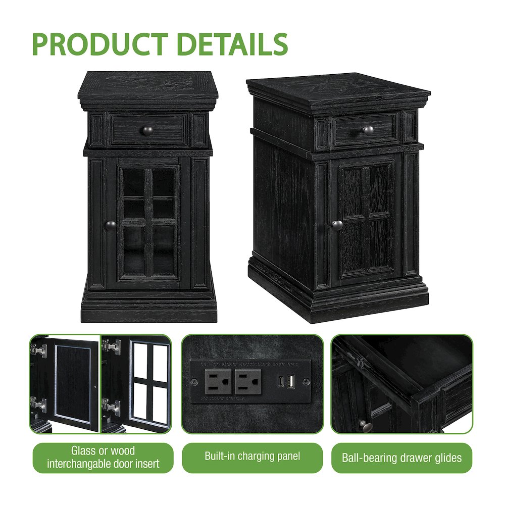 Chair Side Table with 1 Drawer and 1 Glass Door with Power Strip in Black Finish. Picture 12