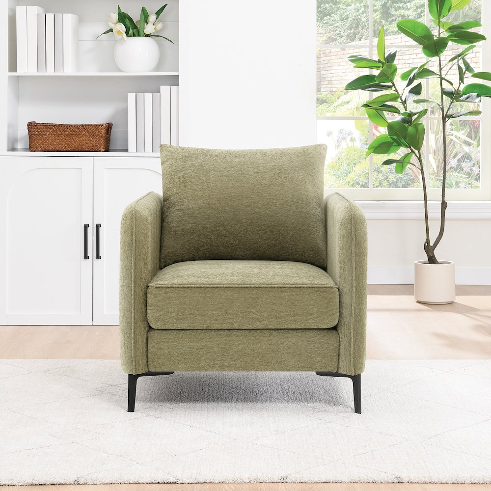 Newhaven Accent Chair in Sea Green Fabric with Black Metal Legs. Picture 3