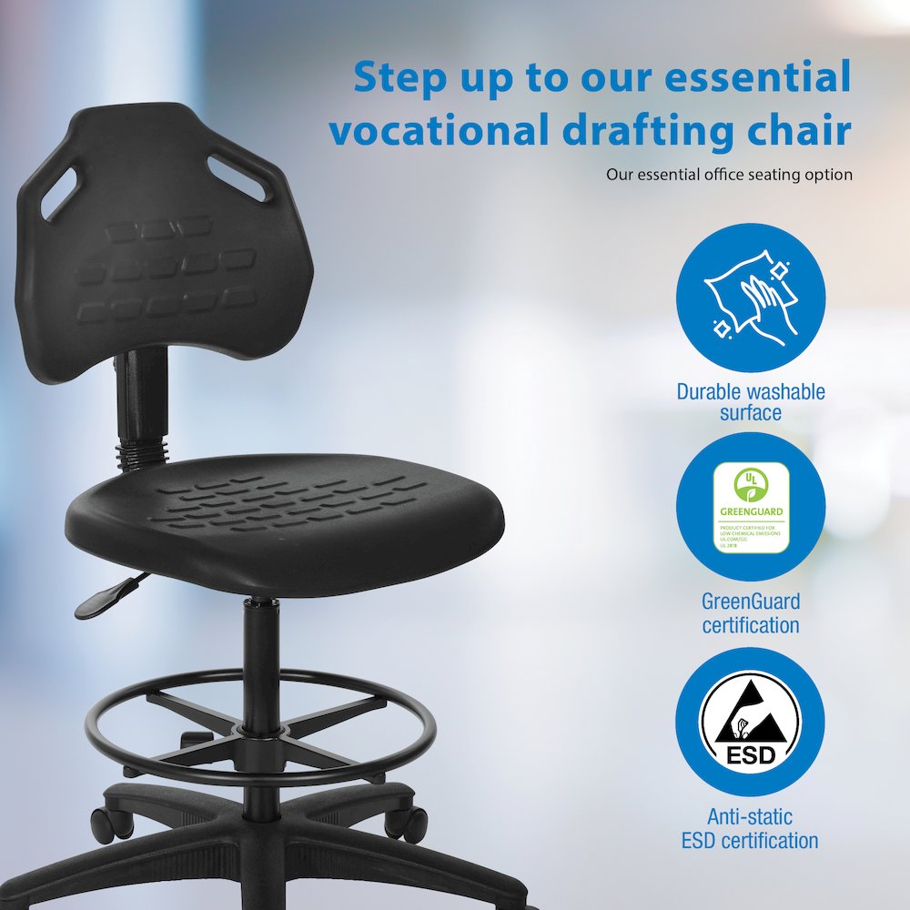 Black Skinned Urethane Drafting Chair With Adjustable Black Footrest And Casters. Picture 11