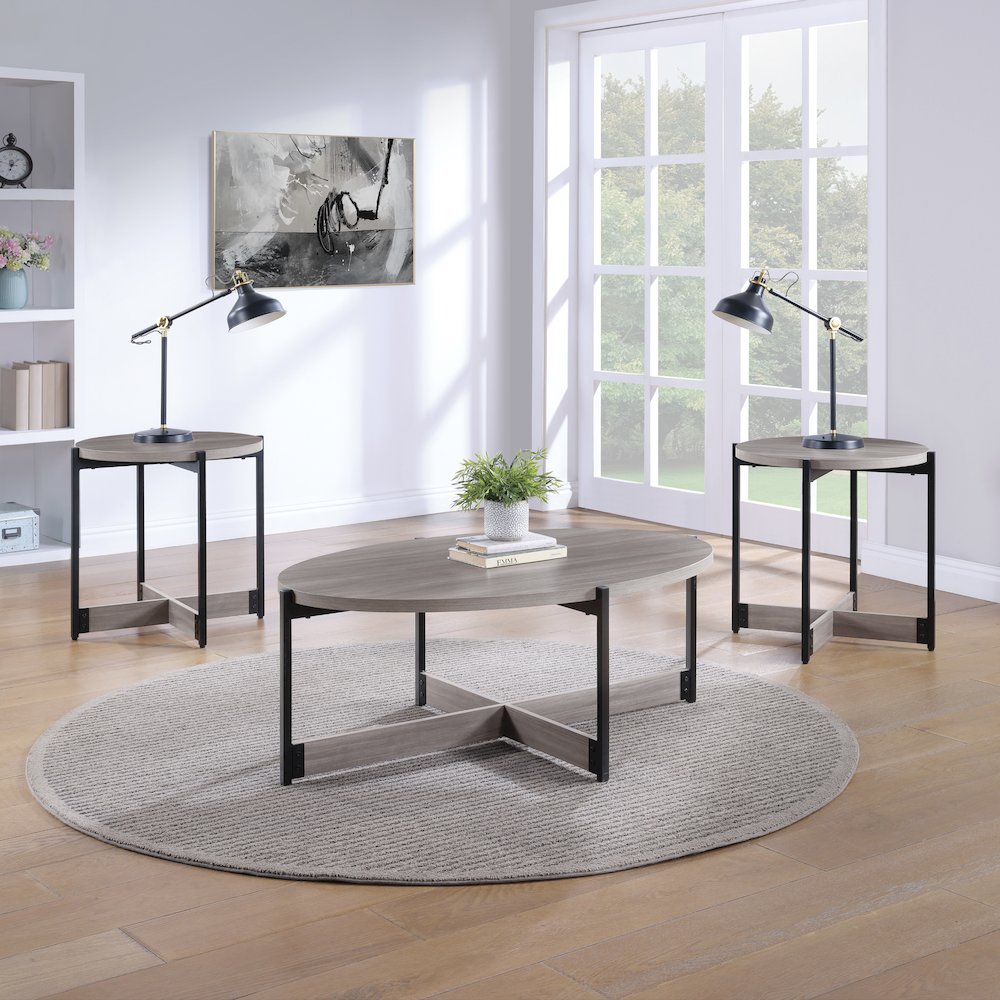 3 Piece Occasional Table Set in Grey Woodgrain Finish with Black Metal Legs. Picture 4
