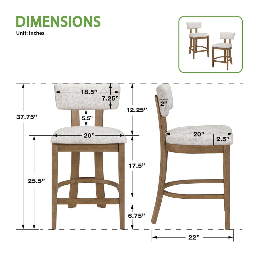 Hanson 26" Counter Stool with Linen Fabric and Medium Oak Wood, 2-Pack. Picture 3