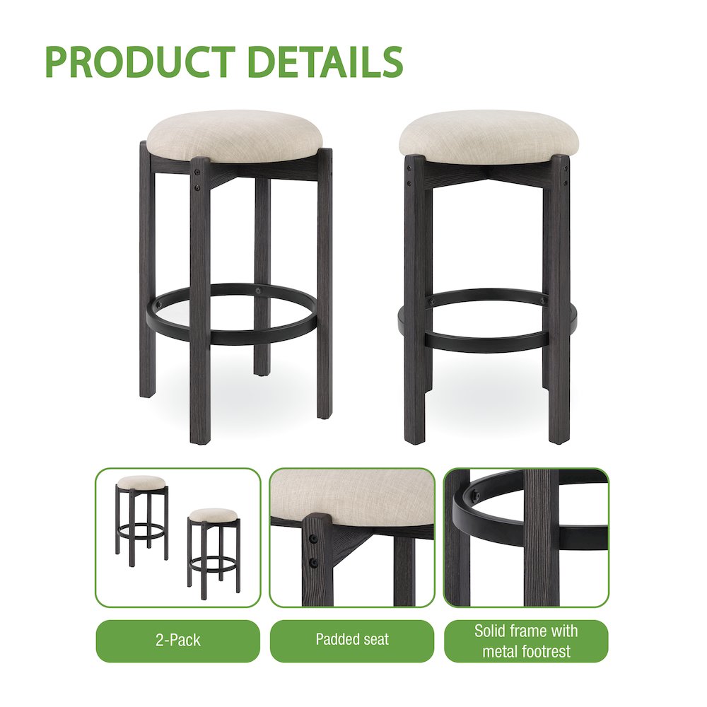 Melissa 26" Counter Stools 2-Pack With Cream Fabric Seat and Black Finish Wood. Picture 10
