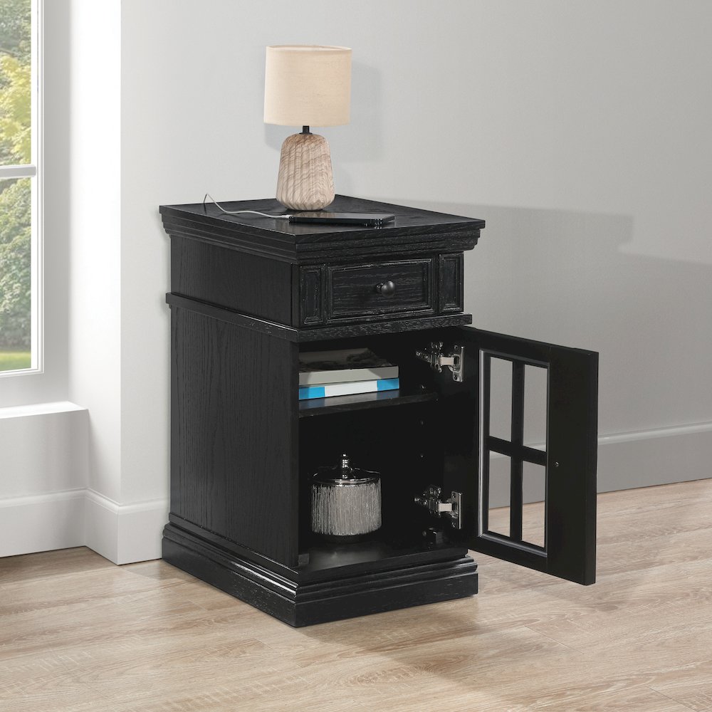Chair Side Table with 1 Drawer and 1 Glass Door with Power Strip in Black Finish. Picture 8
