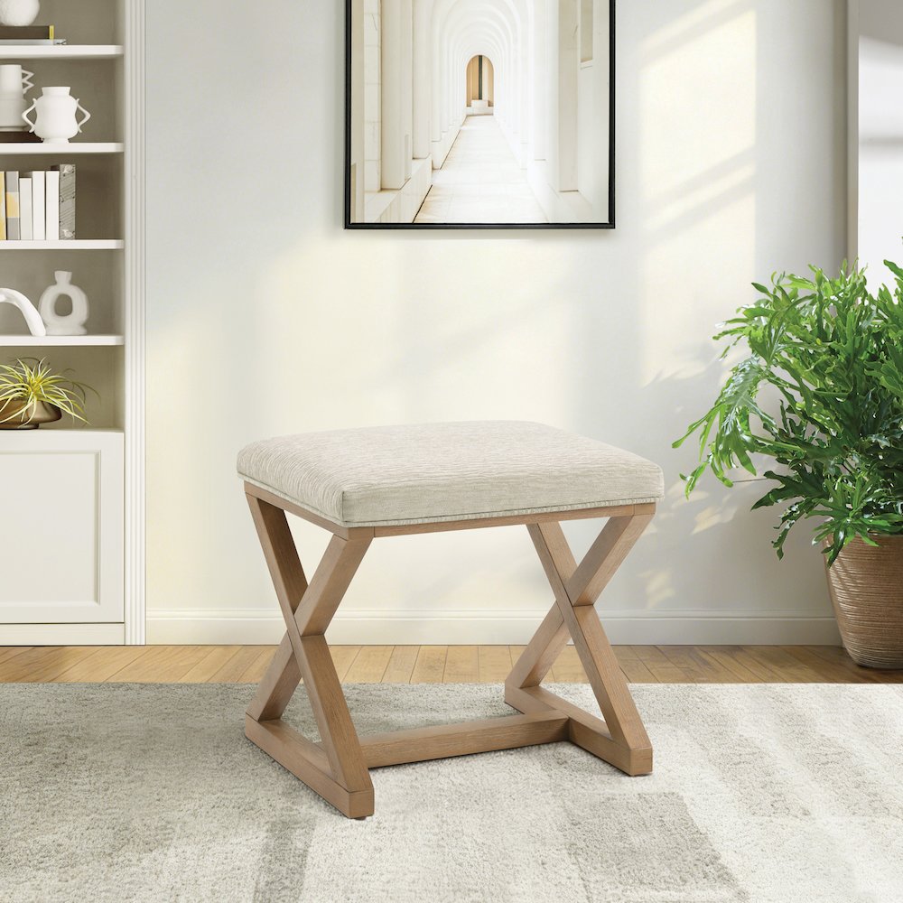 Carson X-Frame Stool in Linen Fabric and Medium Oak Finish Wood. Picture 7
