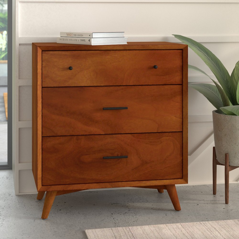 Flynn Mid Century Modern 3 Drawer Small Chest, Acorn. Picture 2