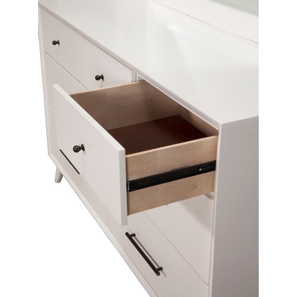 Flynn Mid Century Modern 7 Drawer Dresser, White. Picture 5