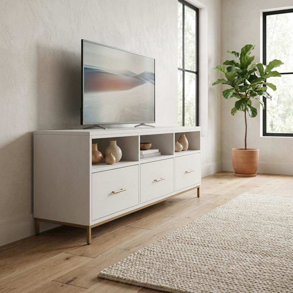 White modern contemporary TV console, mahogany solids, veneer construction. Picture 3