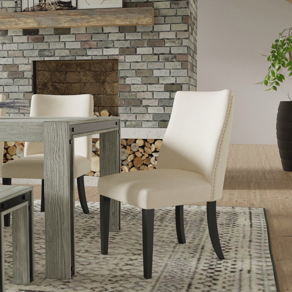 Live Edge Set of 2 Upholstered Parson Chairs, Cream/Black. Picture 3