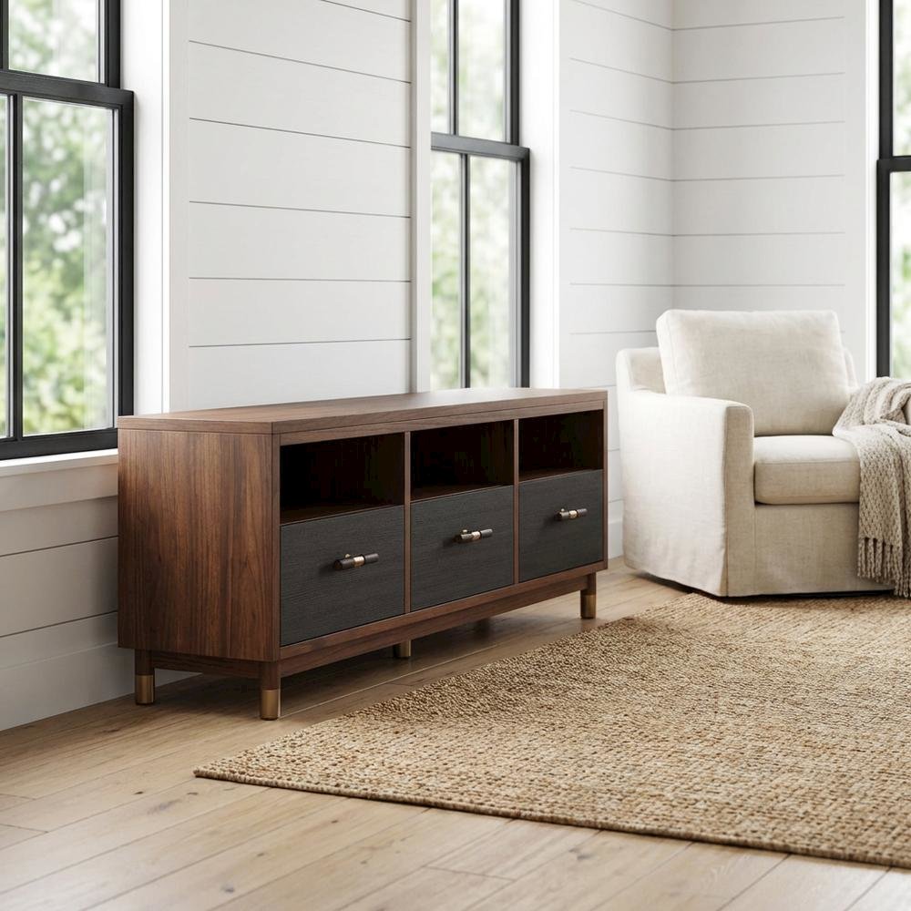 Black Mahogany Solids & Veneer TV Console with 3 Drawers and Modern Design. Picture 2
