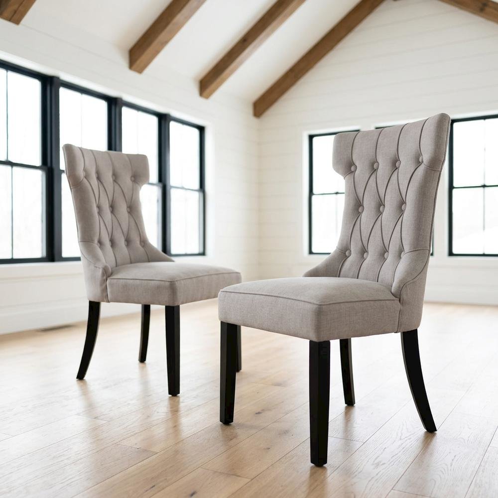 Solid Wood Linen-Upholstered Dining Chairs for Kitchen and Dining Room, Set of 2. Picture 2