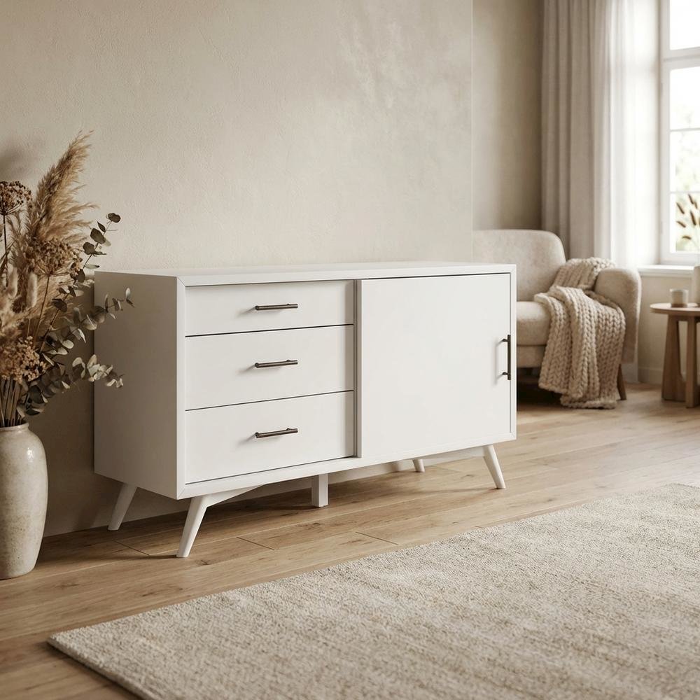 White Small TV Console with Mahogany Solids and Veneer, Modern Style. Picture 3