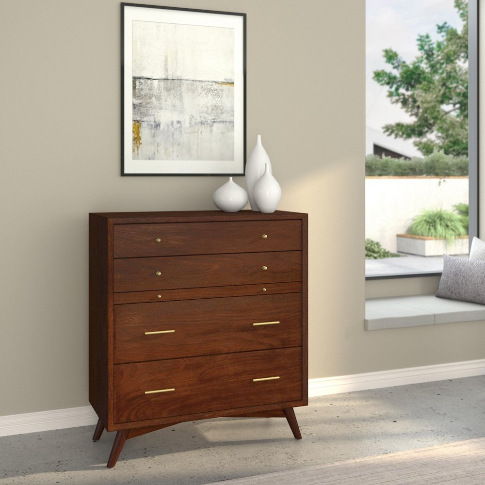 Flynn Mid Century Modern 4 Drawer Multifunction Chest w/Pull Out Tray, Walnut. Picture 2