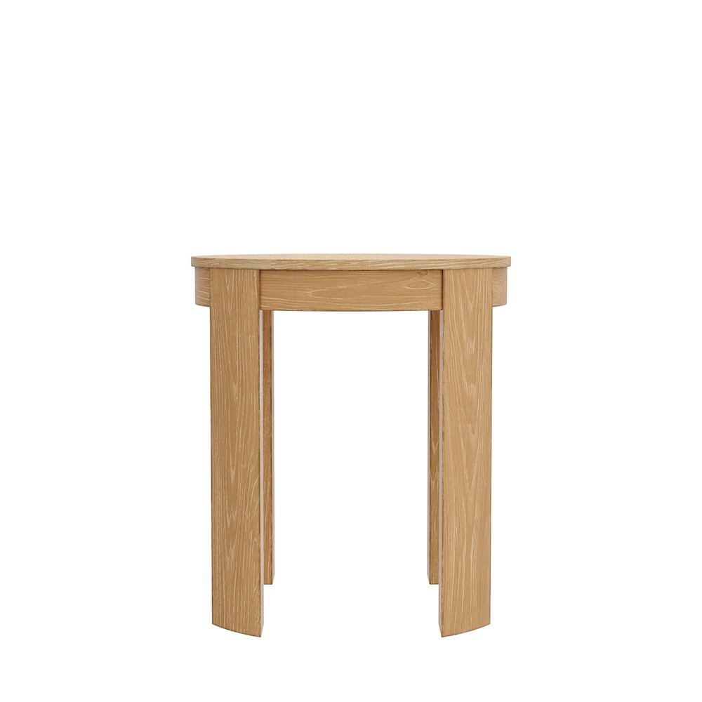 Round End Table, Light Wood Finish, Transitional Style, Single Piece. Picture 4