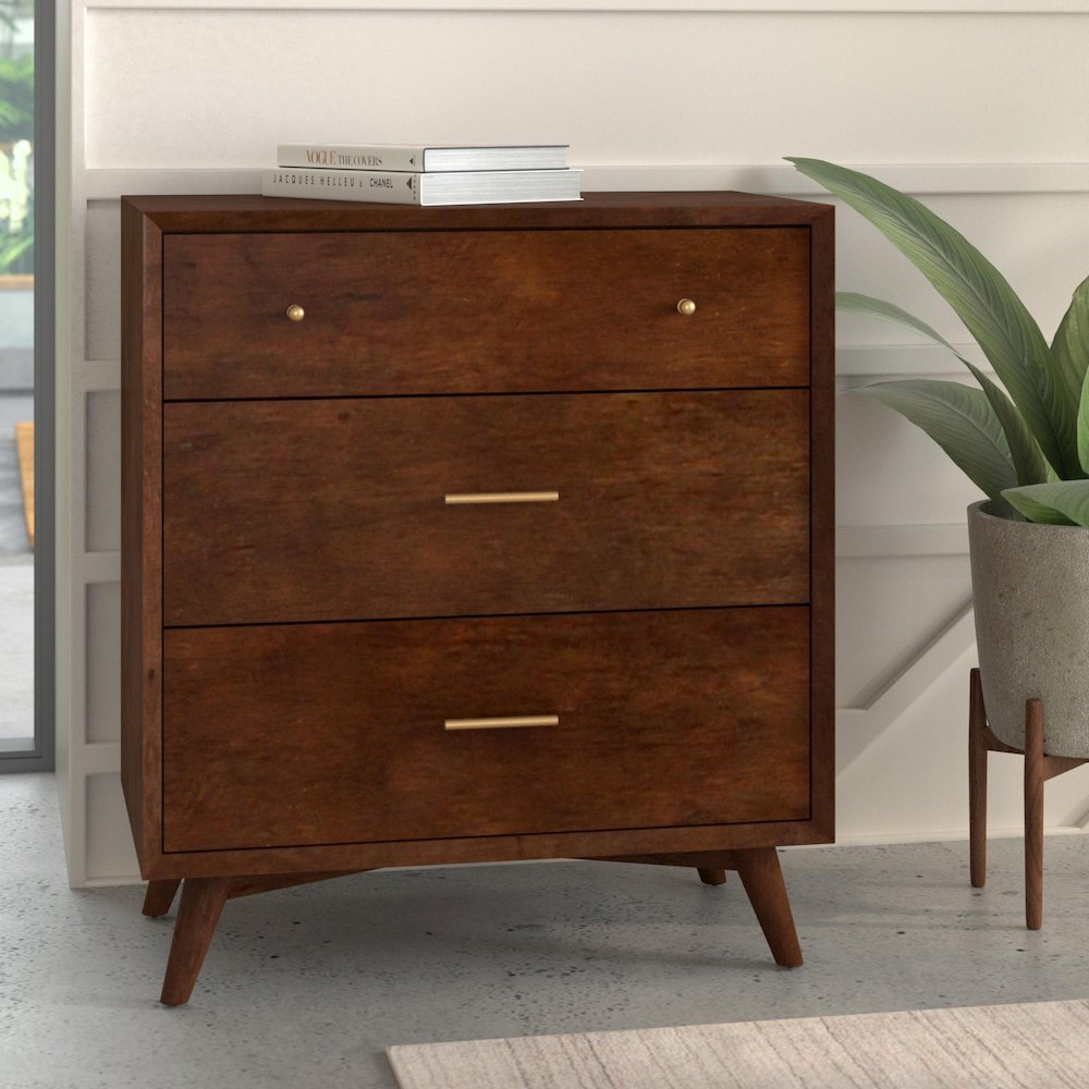 Flynn Mid Century Modern 3 Drawer Small Chest, Walnut. Picture 2