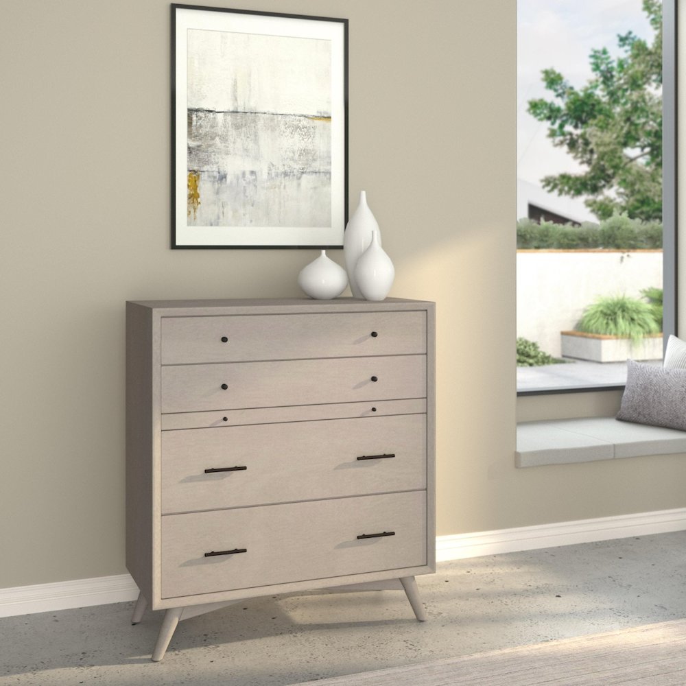 Flynn Mid Century Modern 4 Drawer Multifunction Chest w/Pull Out Tray, Gray. Picture 3