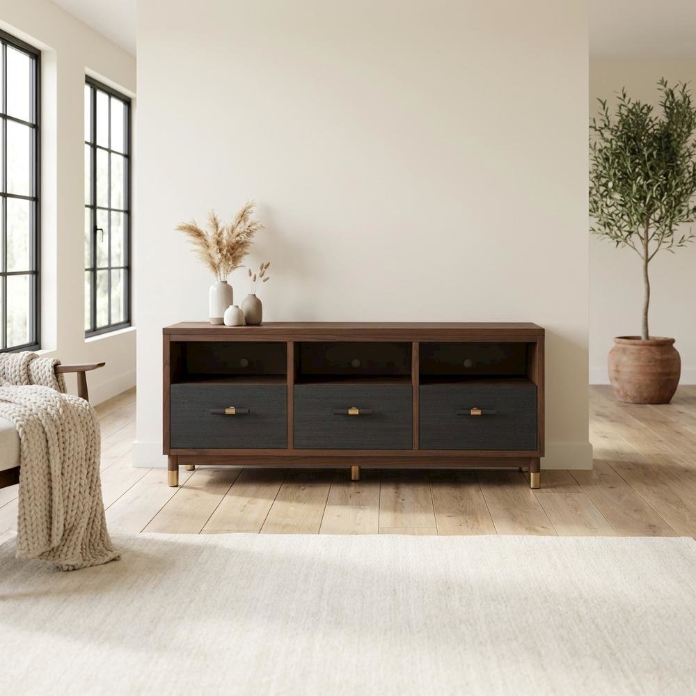 Black Mahogany Solids & Veneer TV Console with 3 Drawers and Modern Design. Picture 3