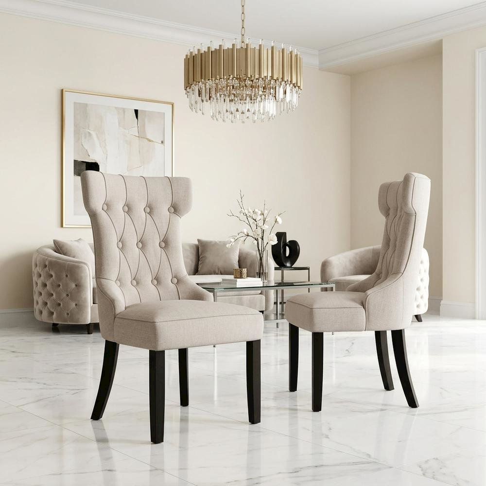 Solid Wood Linen-Upholstered Dining Chairs for Kitchen and Dining Room, Set of 2. Picture 4