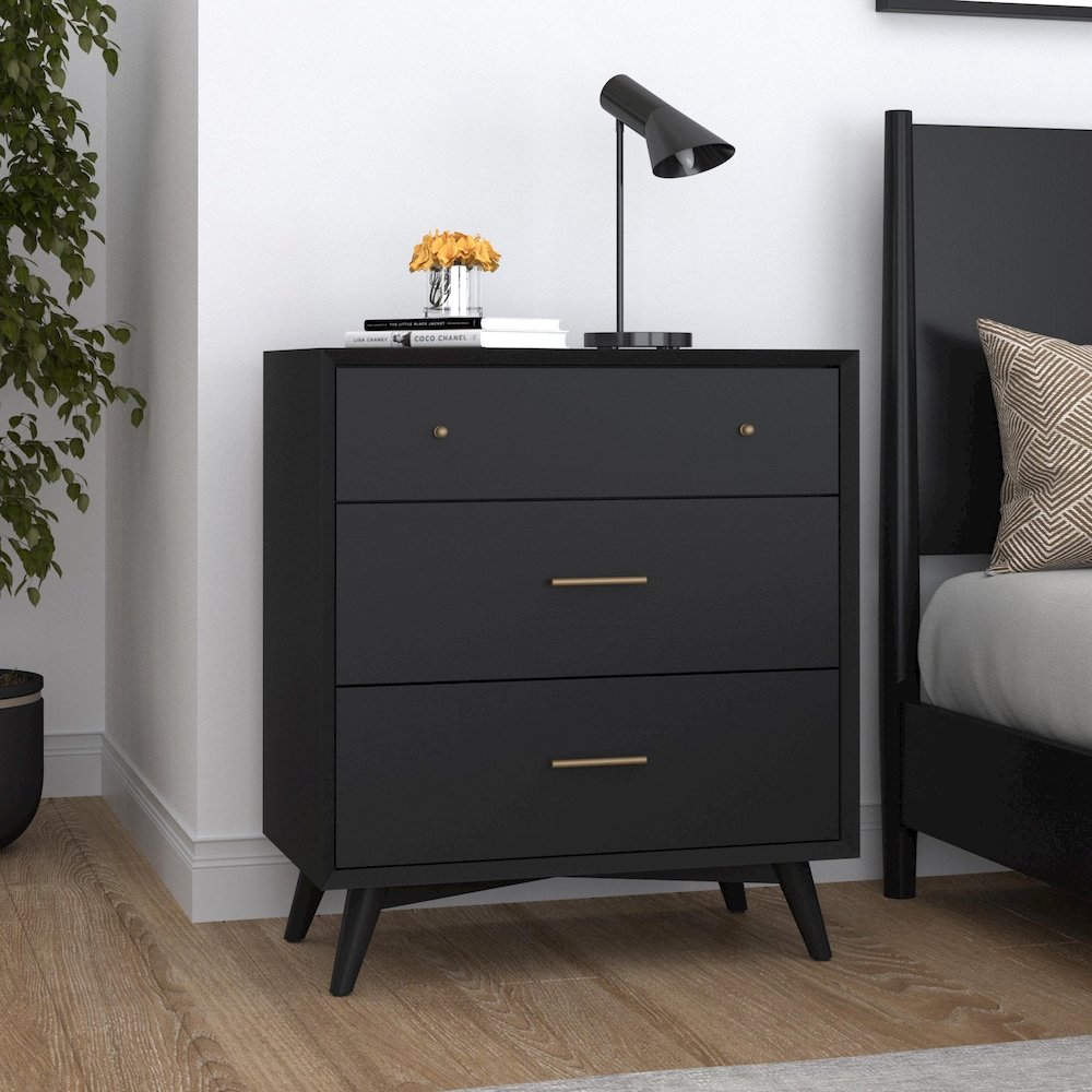 Flynn Mid Century Modern 3 Drawer Small Chest, Black. Picture 2