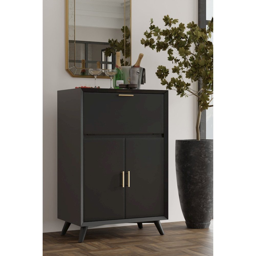Flynn Large Bar Cabinet w/Drop Down Tray, Black. Picture 2