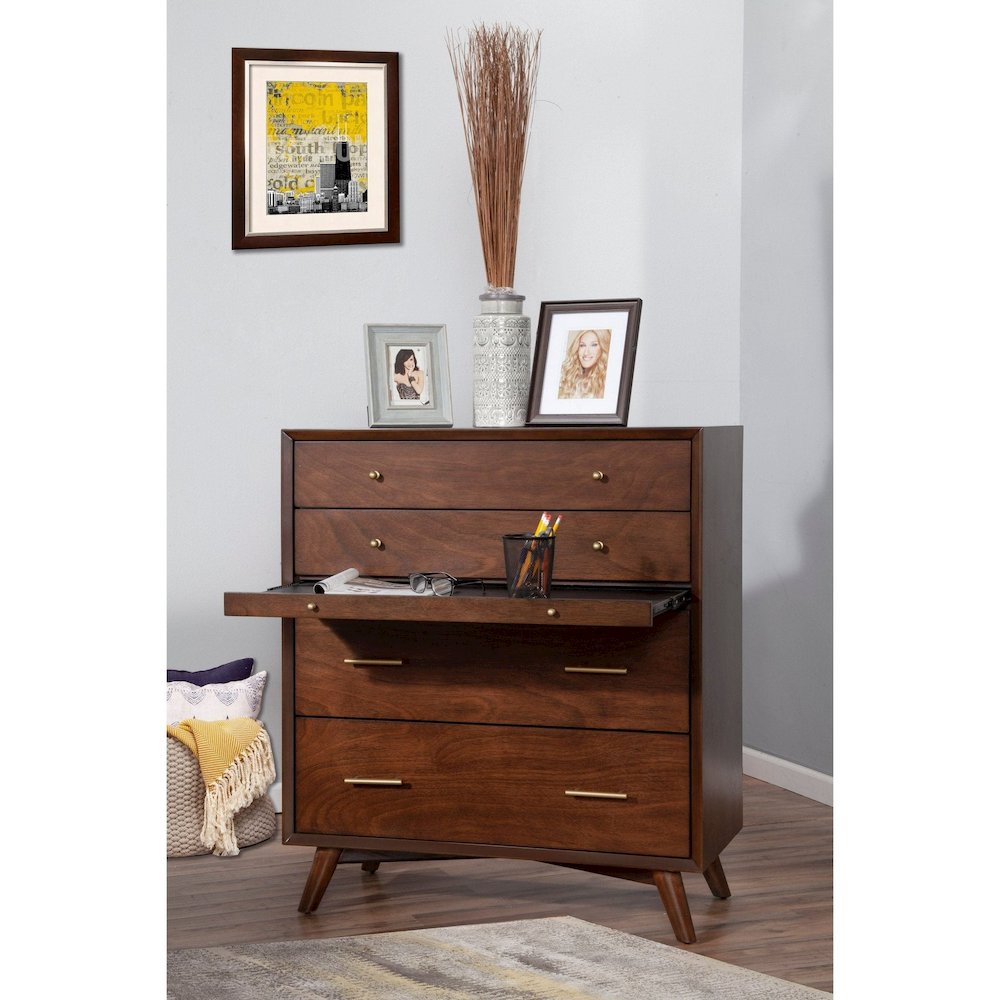 Flynn Mid Century Modern 4 Drawer Multifunction Chest w/Pull Out Tray, Walnut. Picture 3