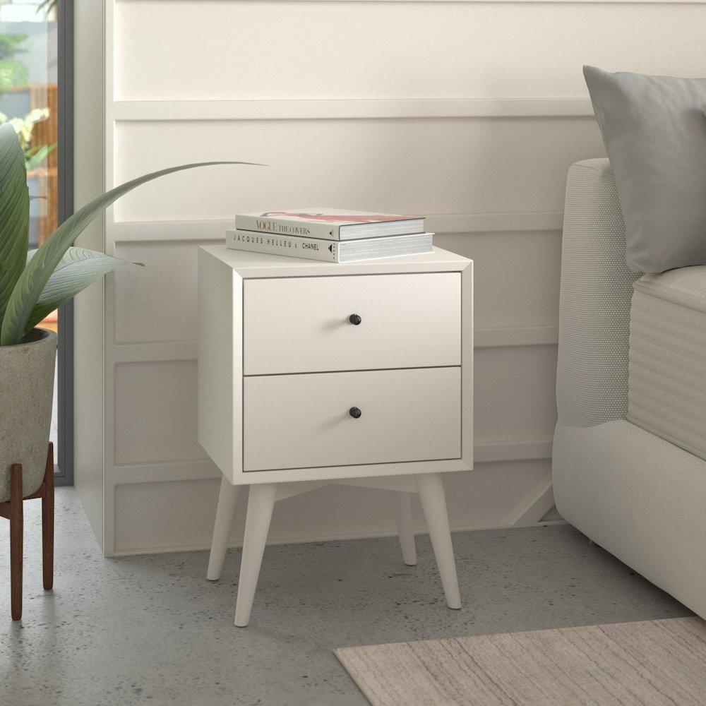 Flynn Mid Century Modern 2 Drawer Nightstand, White. Picture 2