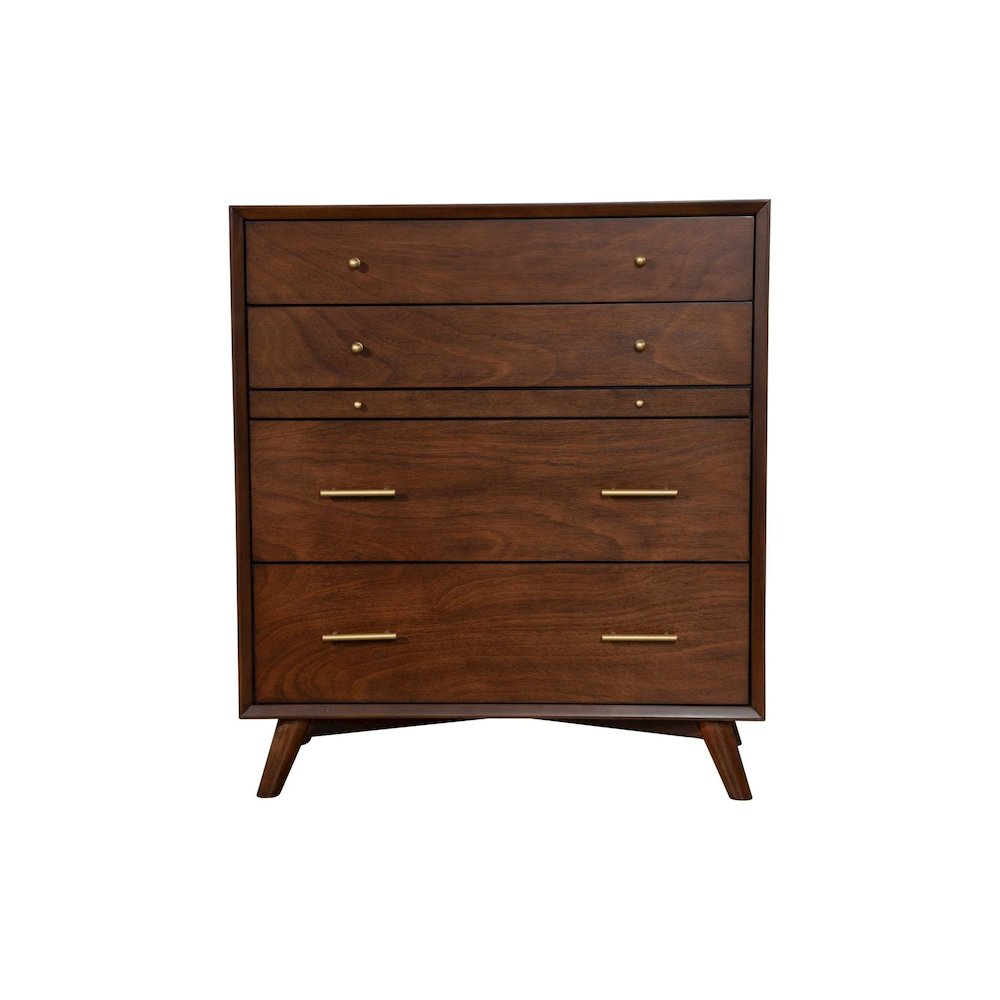 Flynn Mid Century Modern 4 Drawer Multifunction Chest w/Pull Out Tray, Walnut. Picture 1