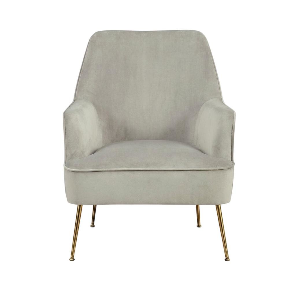 Velour Fabric Accent Chair with Rubberwood Frame, Grey with Gold Legs. Picture 1