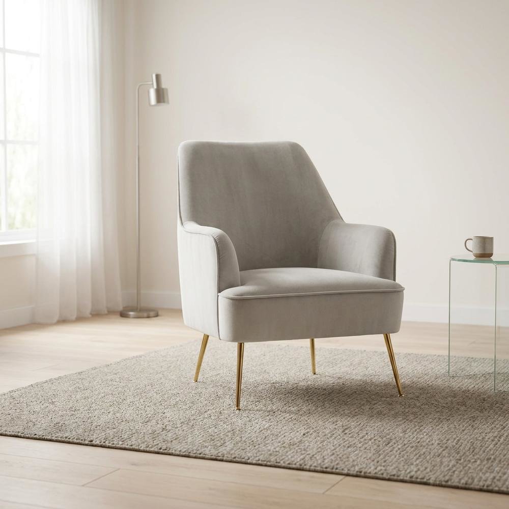 Velour Fabric Accent Chair with Rubberwood Frame, Grey with Gold Legs. Picture 2
