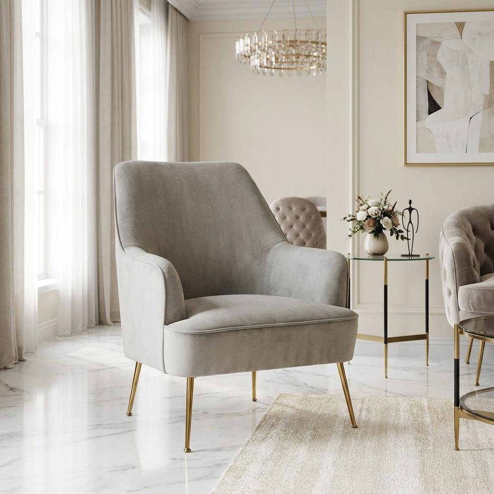 Velour Fabric Accent Chair with Rubberwood Frame, Grey with Gold Legs. Picture 4