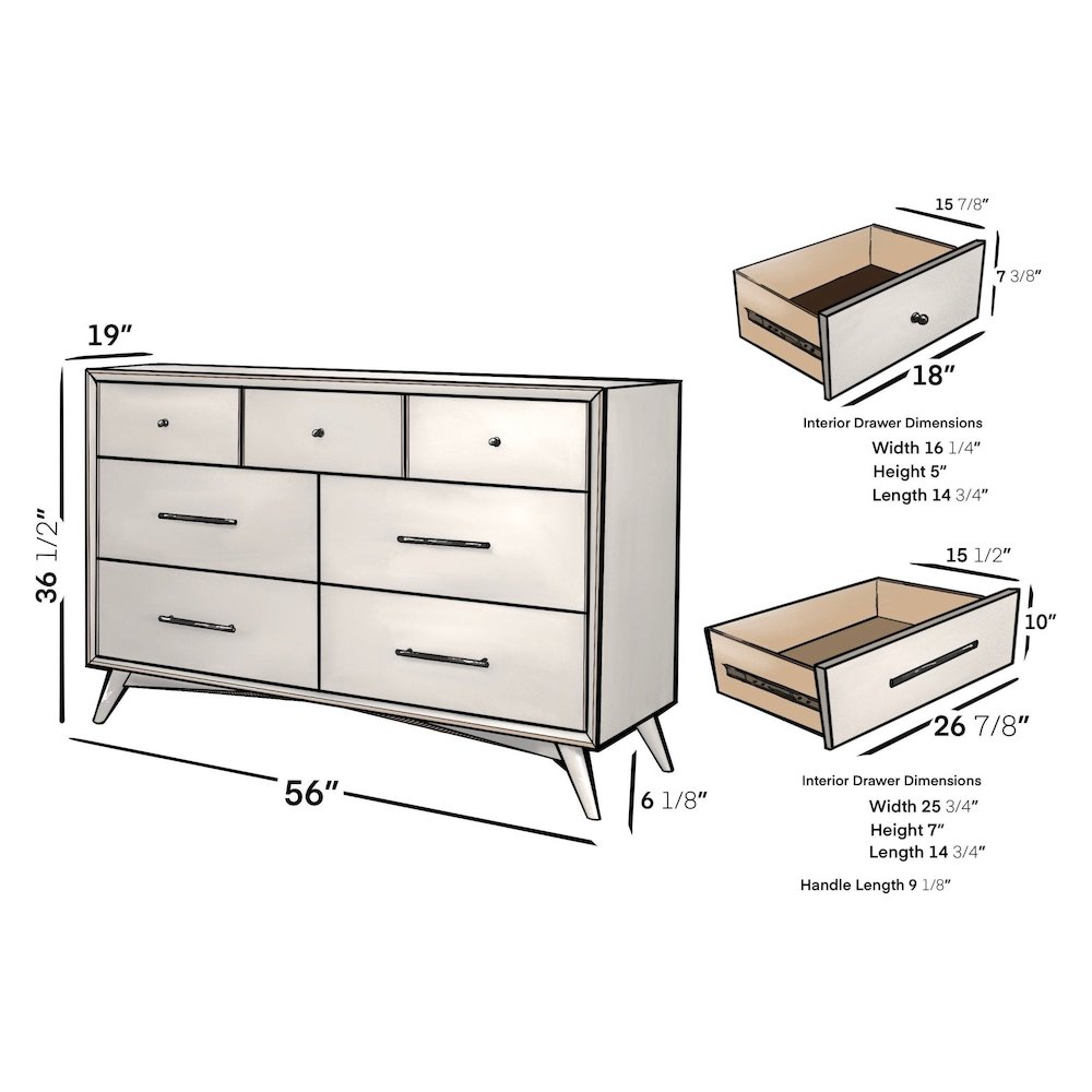 Flynn Mid Century Modern 7 Drawer Dresser, White. Picture 7