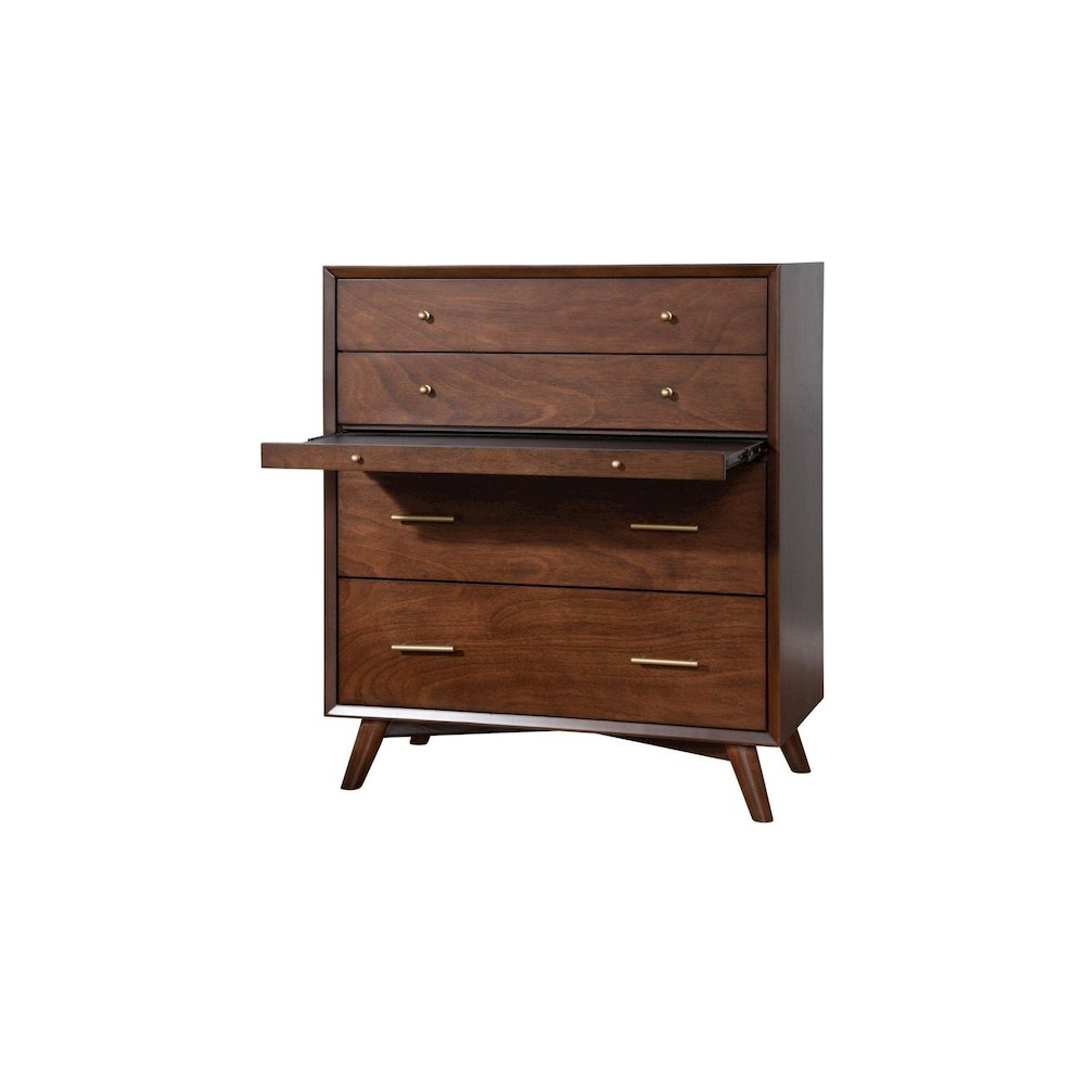Flynn Mid Century Modern 4 Drawer Multifunction Chest w/Pull Out Tray, Walnut. Picture 5