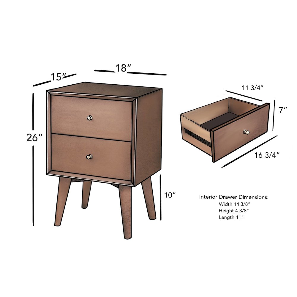 Flynn Mid Century Modern 2 Drawer Nightstand, Acorn. Picture 10