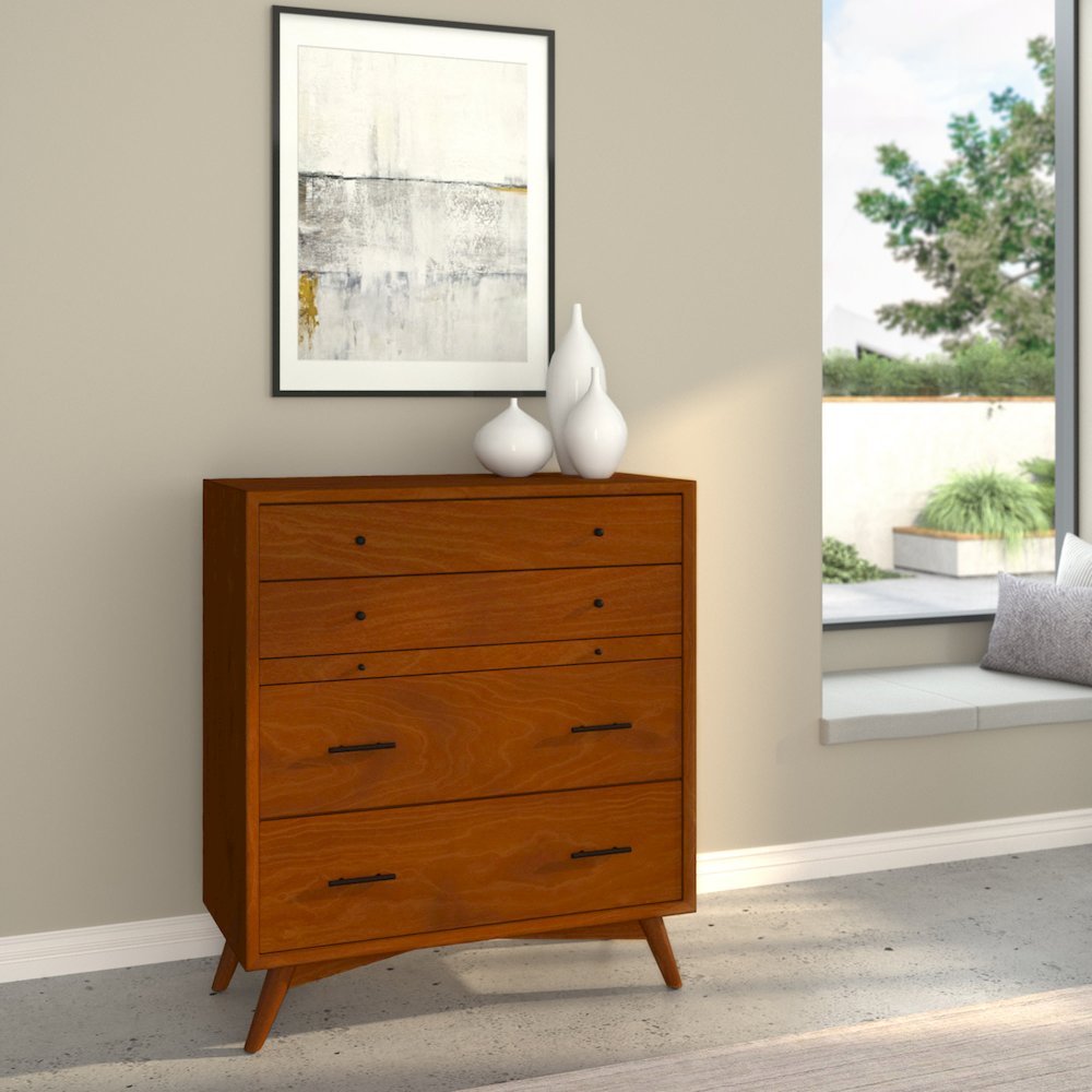Flynn Mid Century Modern 4 Drawer Multifunction Chest w/Pull Out Tray, Acorn. Picture 8