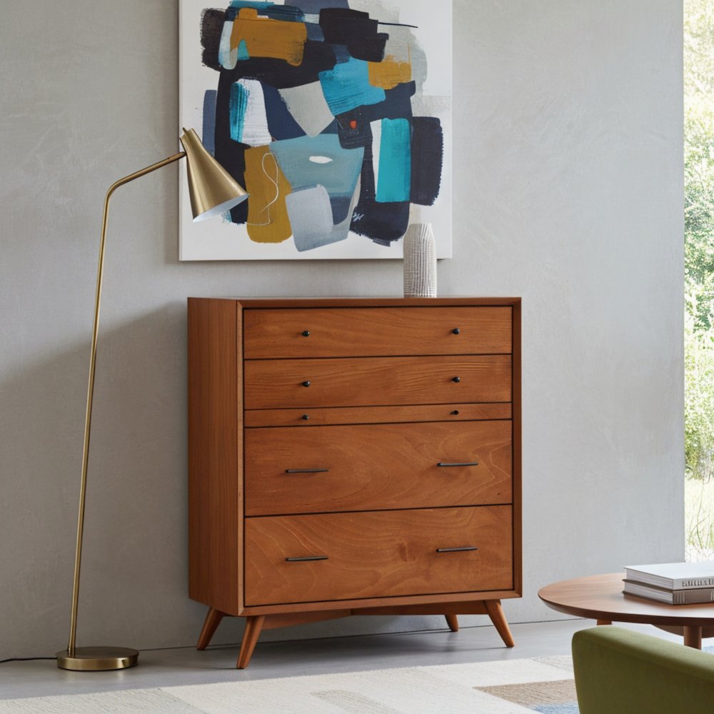 Flynn Mid Century Modern 4 Drawer Multifunction Chest w/Pull Out Tray, Acorn. Picture 2
