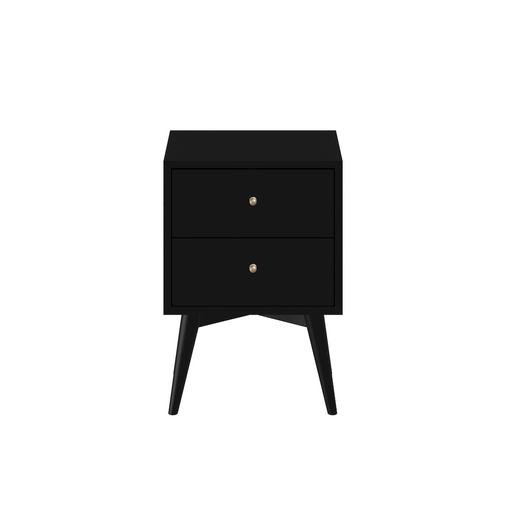 Flynn Mid Century Modern 2 Drawer Nightstand, Black. Picture 1